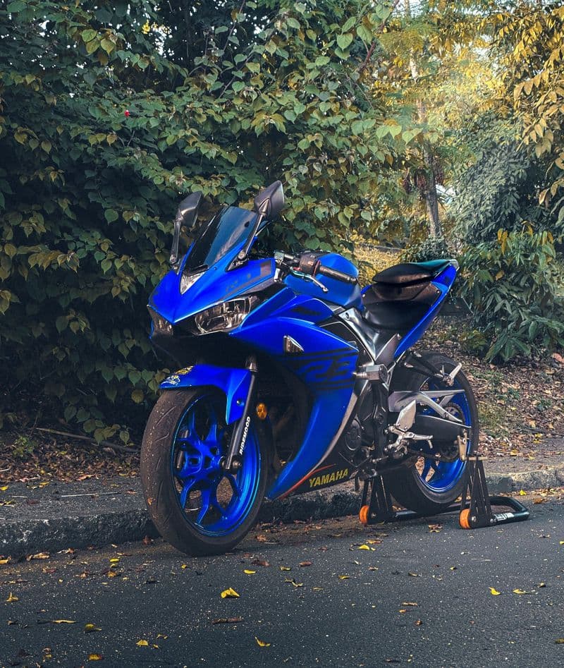 Moto esportiva azul estacionada ao lado de árvores
